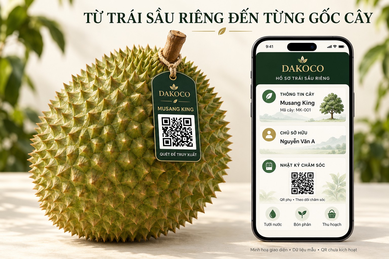Minh họa thẻ trái và hồ sơ cây; QR chưa kích hoạt